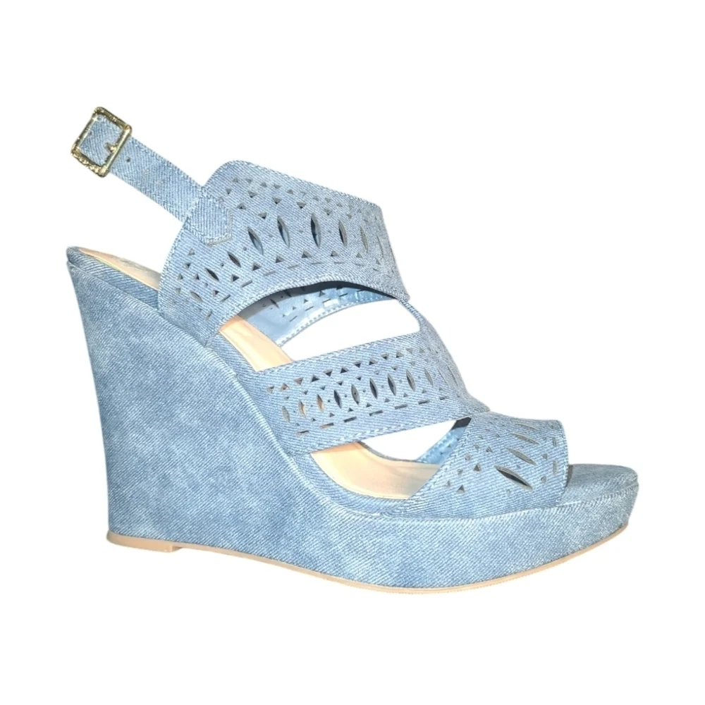Jasmine Blue Denim Wedge Sandal with High Heel and Intricate Cut-Out Design Shoe